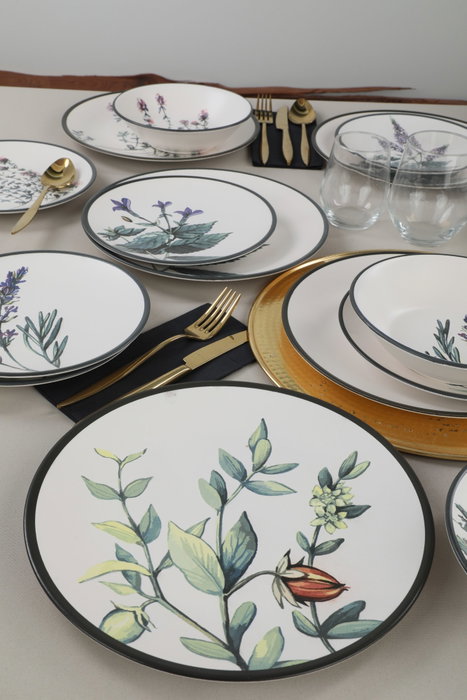 Hermia Juego de Cena de Cerámica de 24 Piezas en Colores Blanco, Verde, Púrpura y Negro